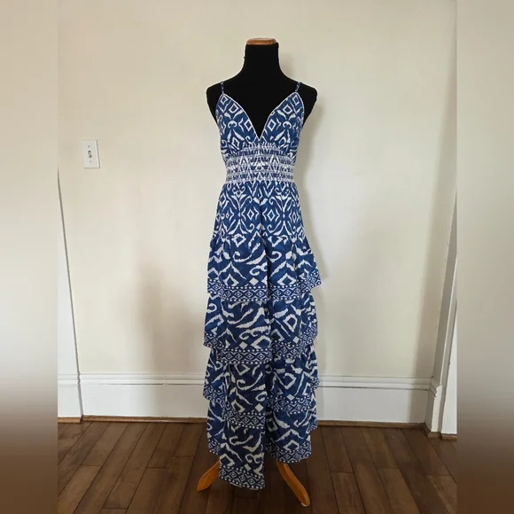 🆕️ House Of Harlow 1960 Blue And White Patterned Tiered Maxi Dress Size M - Picture 2 of 8